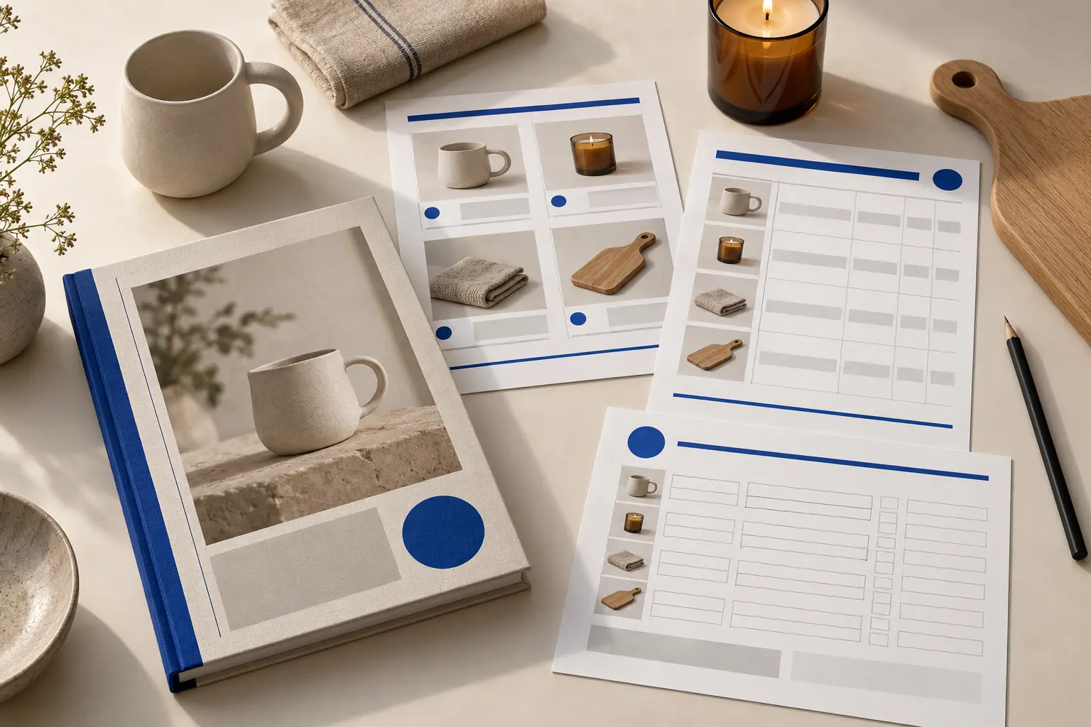 Wholesale catalogue, line sheet, price list and order form arranged for a buyer meeting